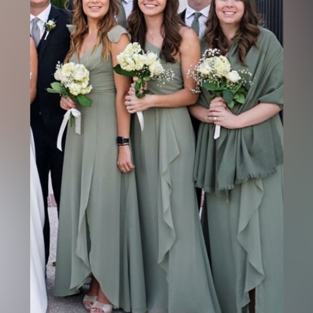 eucalyptus one shoulder chiffon bridesmaid’s dress